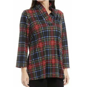 Ali Miles Tartan Plaid Ruffled Neck Tunic Top Plus Sz 2X Stretch Preppy Holiday